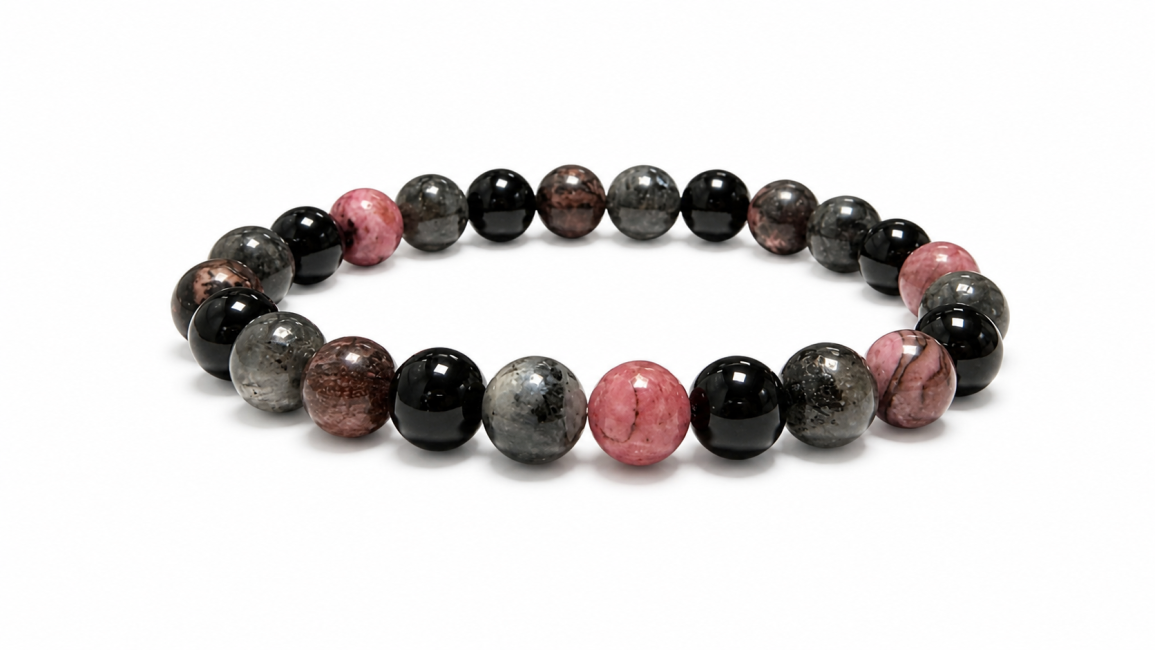 Bracciale in Rodonite, Larvikite e Onice Nero A perle 8mm