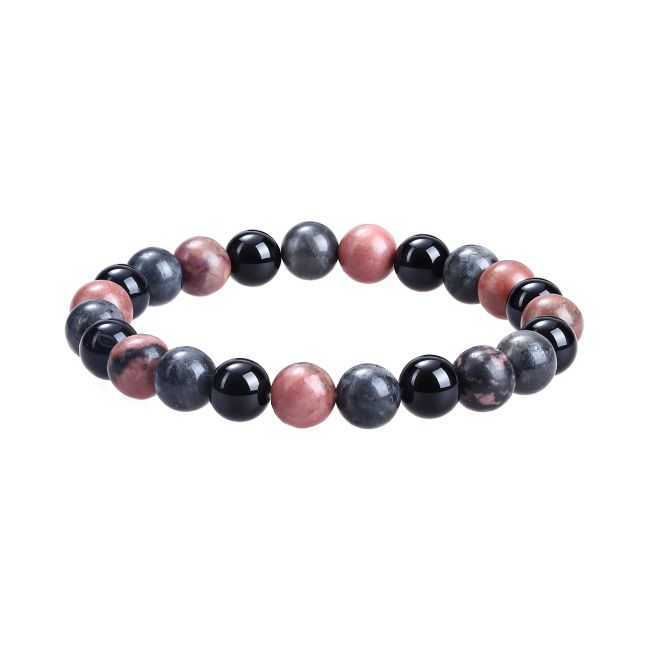 Bracciale con perle di Rodonite, Larvikite e Onice Nero 8 mm