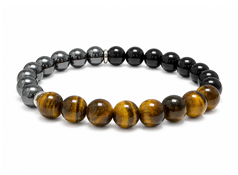 Bracciale Occhio di Tigre, Ematite e Onice Nero A perle 8mm