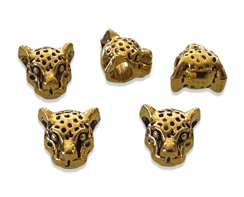Perline con ciondolo distanziatore testa di leopardo color oro 9 mm x 30,1 cm
