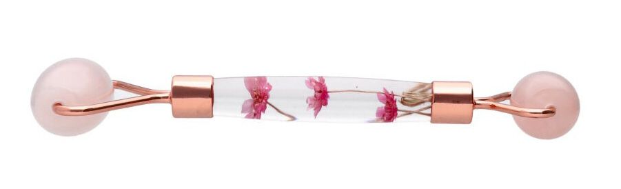 Massaggiatore al quarzo rosa con manico floreale a doppio rullo
