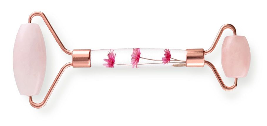 Massaggiatore al quarzo rosa con manico floreale a doppio rullo