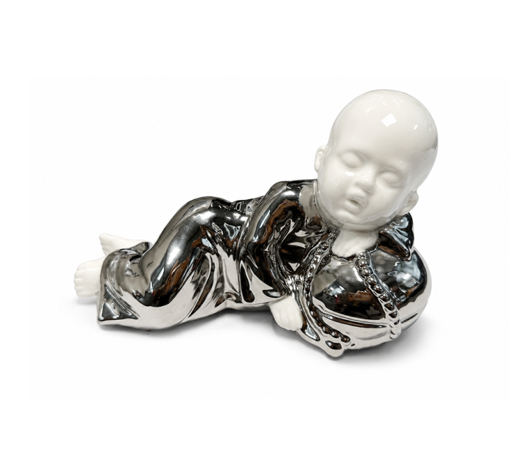 incenso ad Statua Monaco Buddista Sdraiato in Ceramica Bianca e Argentata 18cm