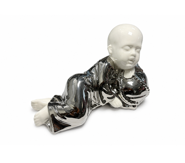 incenso ad Statua Monaco Buddista Sdraiato in Ceramica Bianca e Argentata 18cm|it