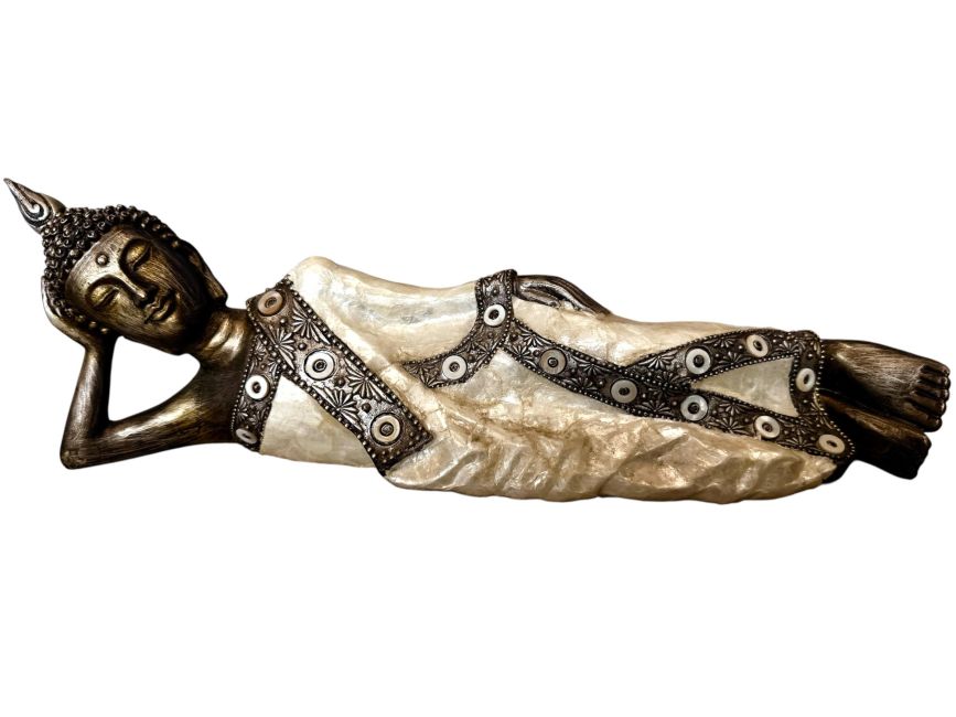 incenso ad Buddha sdraiato, resina, madreperla, 35 cm