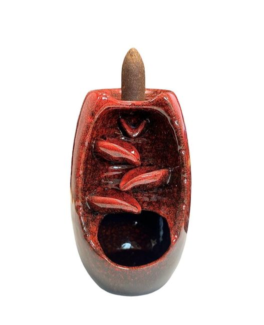 Portaincenso a riflusso in ceramica rossa Cascata di foglie 13 cm