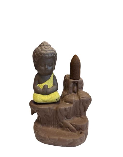 Porta incenso in ceramica con riflusso in ceramica Buddha giallo, 12 cm