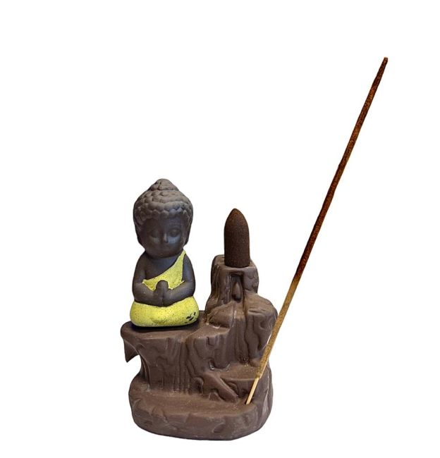 Porta incenso in ceramica con riflusso in ceramica Buddha giallo, 12 cm