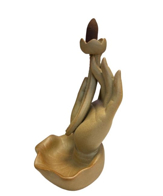 Porta incenso a riflusso Mano di Buddha in ceramica beige - Loto 16 cm