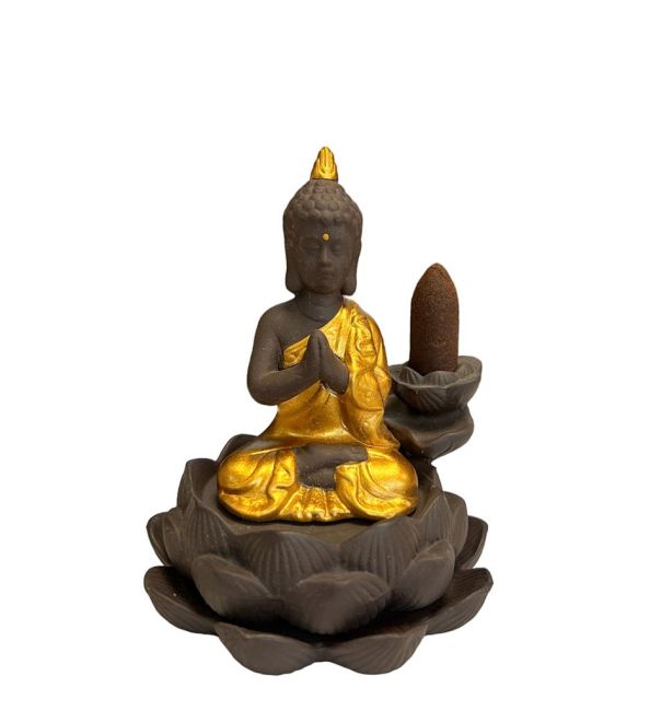 Portaincenso in oro Backflow Buddha - Fiore di loto 11 cm