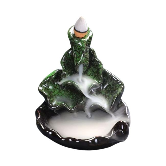 Porta incenso in ceramica a riflusso con motivo a cascata e foglie di loto verdi, 10 cm