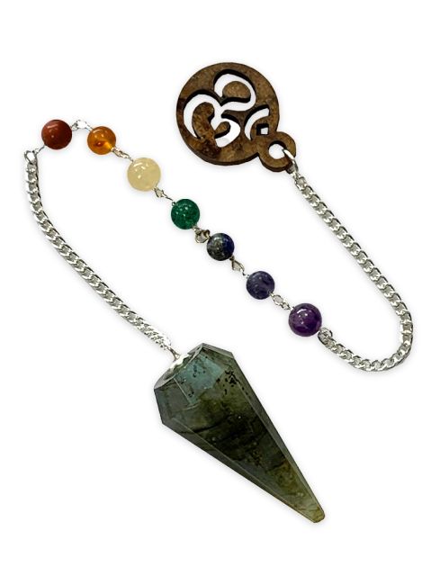 Pendolo conico di Labradorite 7 chakras & om 12 facce