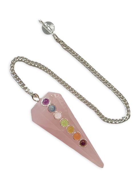 Pendolo in quarzo rosa e sette chakra conici a 6 facce