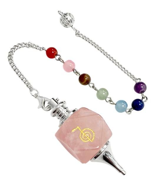 Pendolo esagonale al quarzo rosa Reiki ChoKu Rei 7 Chakra