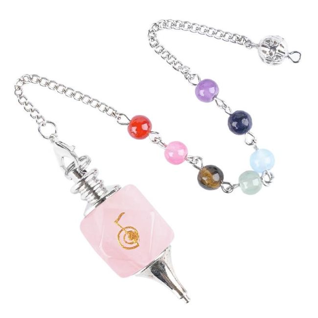 Pendolo esagonale al quarzo rosa Reiki ChoKu Rei 7 Chakra