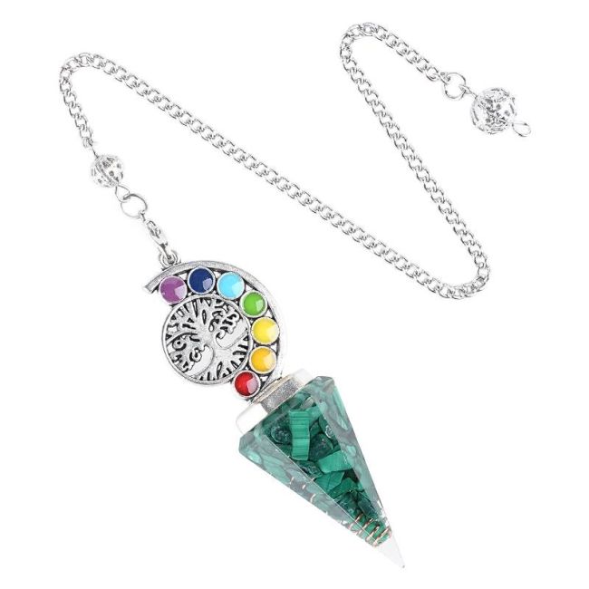 Pendolo in orgonite malachite albero della vita 7 chakra 6 facce