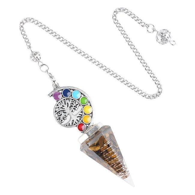 Pendolo in orgonite Occhio di tigre Albero della vita 7 Chakra 6 lati