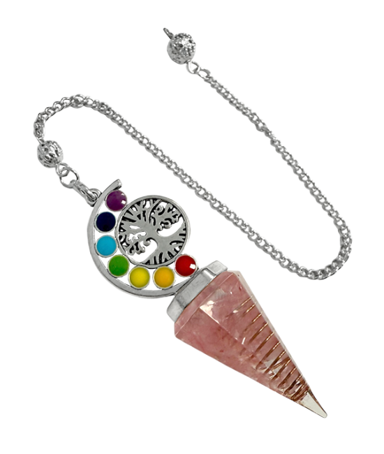 Pendolo in orgonite, quarzo rosa, albero della vita, 7 chakra, 6 lati