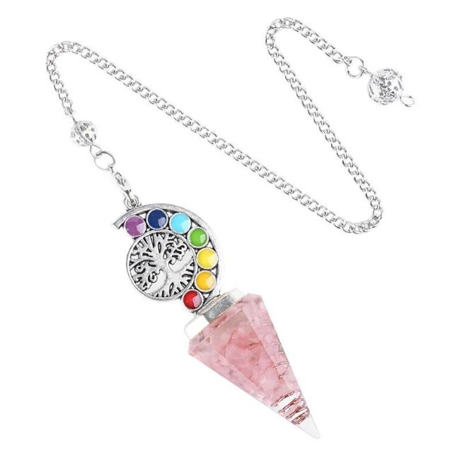 Pendolo in orgonite, quarzo rosa, albero della vita, 7 chakra, 6 lati