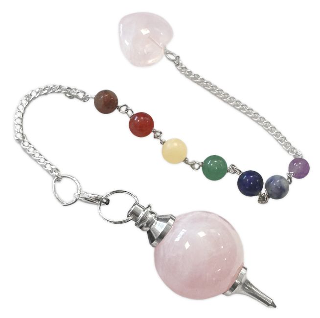 Pendolo con sfera in quarzo rosa e cuore, 7 chakra, 4 cm