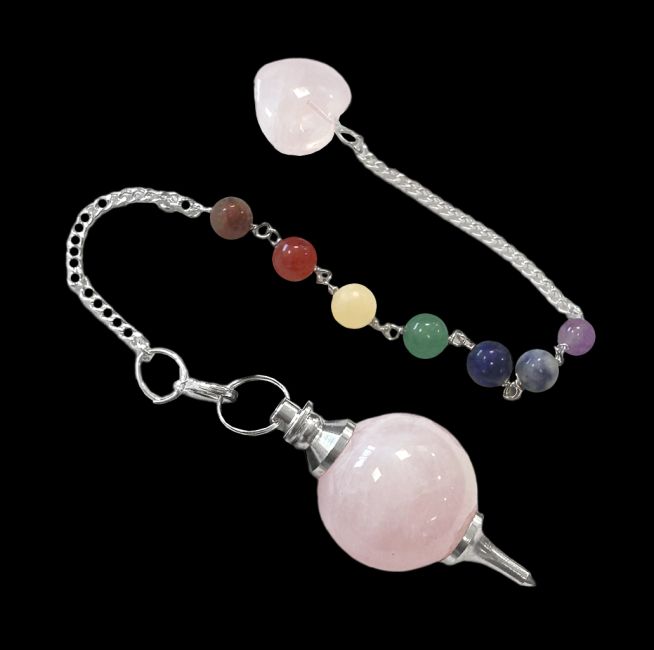 Pendolo con sfera in quarzo rosa e cuore, 7 chakra, 4 cm