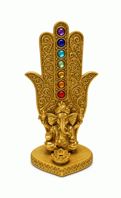incenso ad Porta Incenso Mano di Fatima Ganesh 7 Chakra Dorato in Resina 16 cm