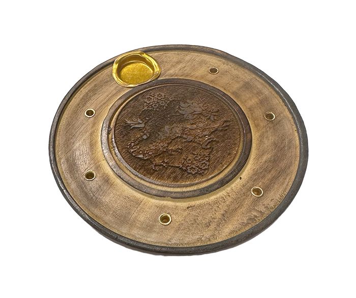 Porta incenso rotondo in legno cesellato a forma di drago 10 cm x 10,2 cm