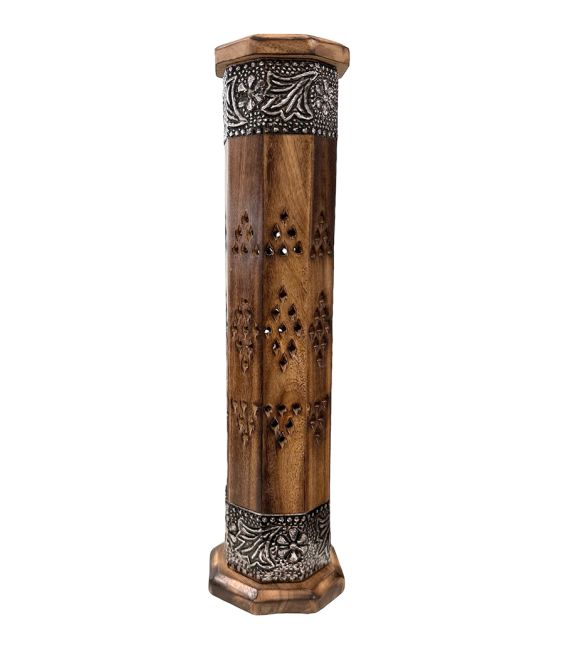 Portaincenso a torre ottagonale in legno di mango e metallo 30 cm x2