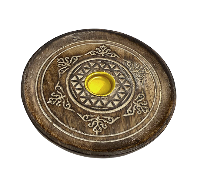 incenso ad Porta incenso rotondo in legno intagliato per coni di incenso 10 cm x 8