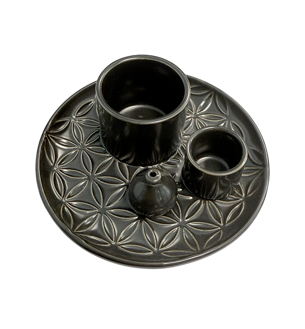 incenso ad Porta incenso in ceramica nera Flowers of Life per Palo Santo e Salvia Bianca 13 cm