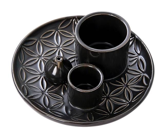Porta incenso in ceramica nera Flowers of Life per Palo Santo e Salvia Bianca 13 cm