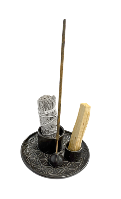 incenso ad Porta incenso in ceramica nera Flowers of Life per Palo Santo e Salvia Bianca 13 cm|it