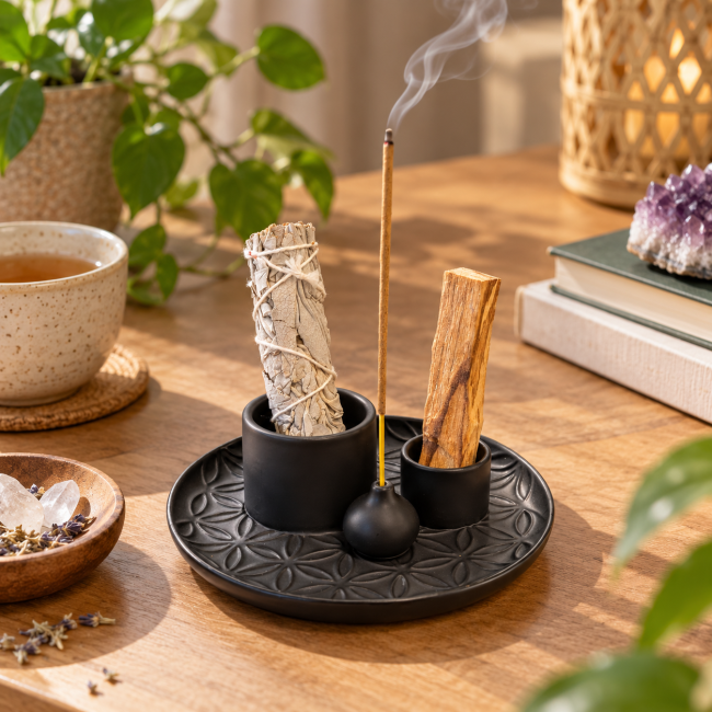 incenso ad Porta Incenso Multifunzione Fiore della Vita Nero Opaco 13 cm|it