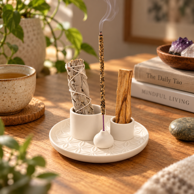 incenso ad Porta incenso in ceramica nera Flowers of Life per Palo Santo e Salvia Bianca 13 cm|it