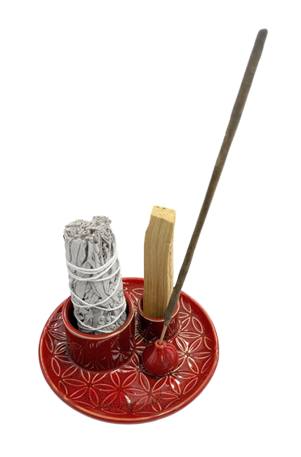 incenso ad Porta incenso in ceramica rossa Fiori della vita per Palo Santo e Salvia bianca 13 cm|it