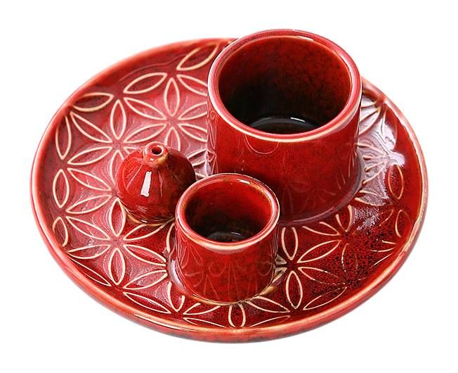 Porta incenso in ceramica rossa Fiori della vita per Palo Santo e Salvia bianca 13 cm