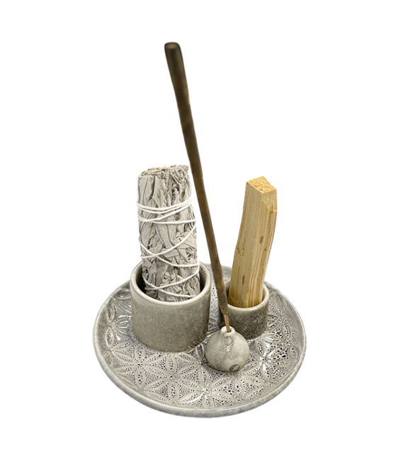 incenso ad Porta incenso in ceramica beige Fiori della vita per Palo Santo e Salvia bianca 13 cm|it