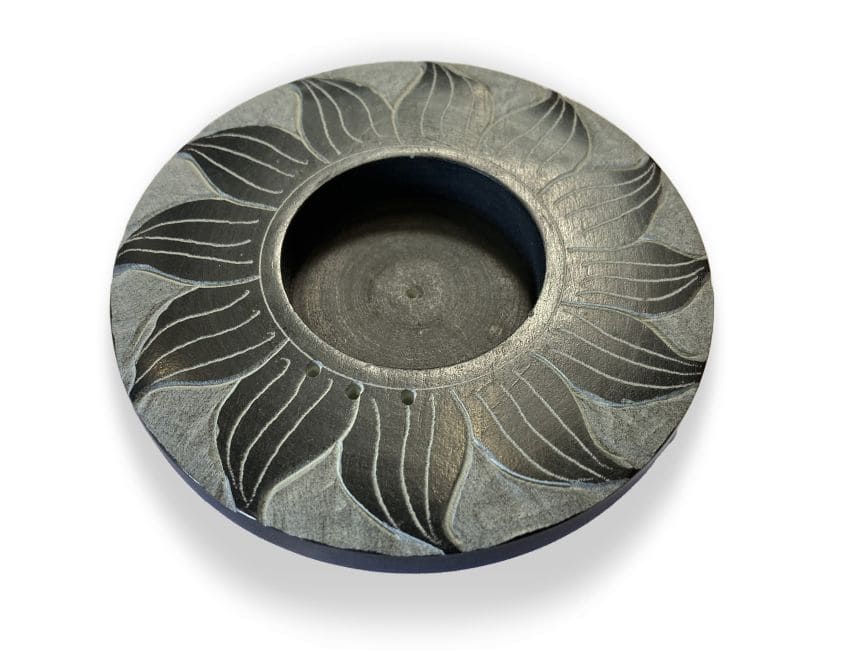 Porta incenso in pietra saponite tondo nero e grigio sole 10cm