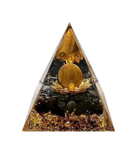 Piramide di Orgonite Occhio di Tigre e Ossidiana Nera e Loto