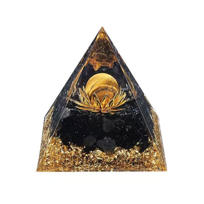Piramide di Orgonite Occhio di Tigre e Ossidiana Nera e Loto