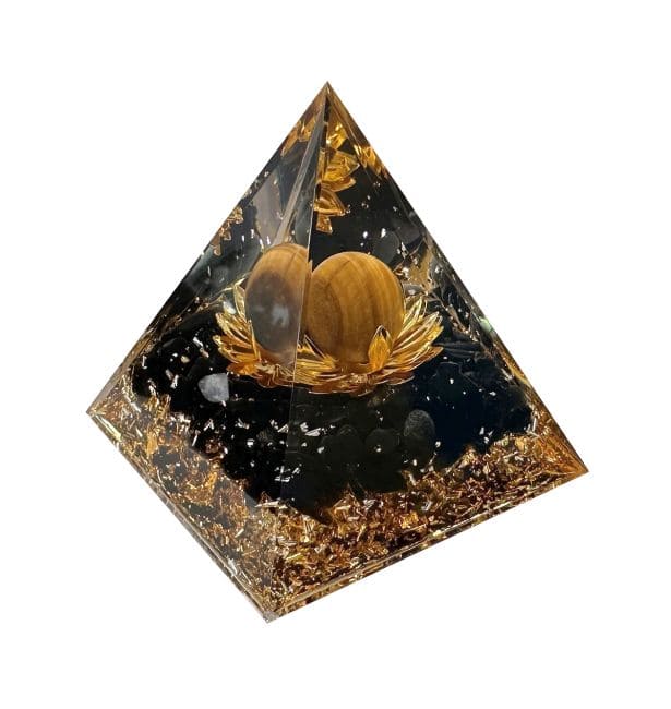 Piramide di Orgonite Occhio di Tigre e Ossidiana Nera e Loto