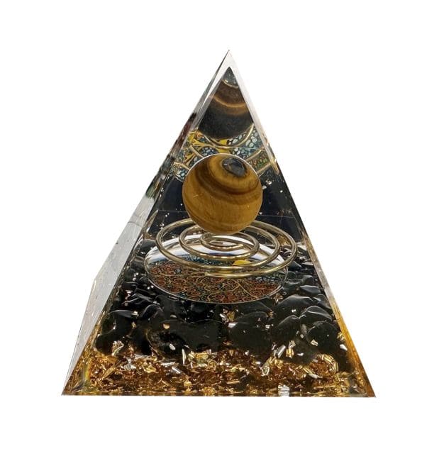 Piramide di Orgonite Occhio di Tigre e Ossidiana Nera Spirale e dell Albero della Vita di