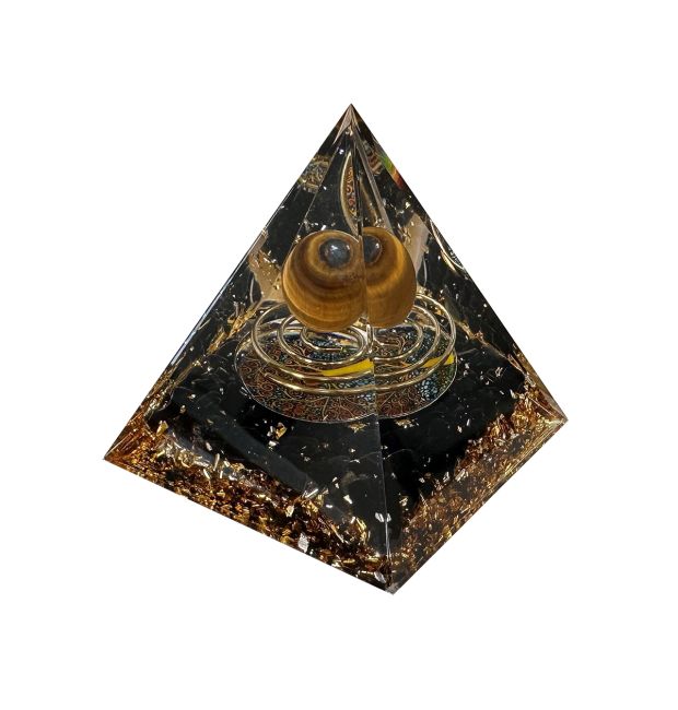 Piramide di Orgonite Occhio di Tigre e Ossidiana Nera Spirale e dell Albero della Vita di