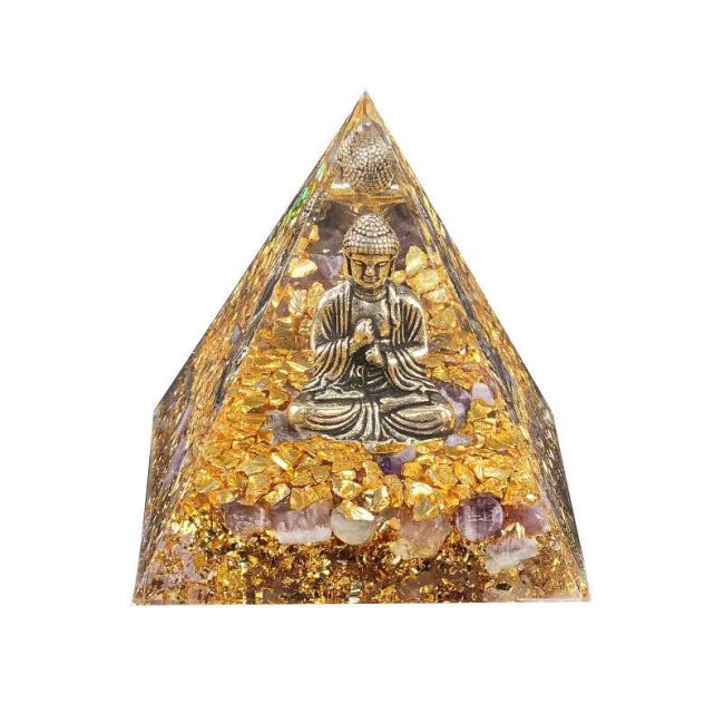 Piramide di Orgonite Buddha + Ametista