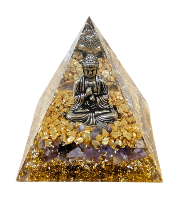 Piramide di Orgonite Buddha + Ametista