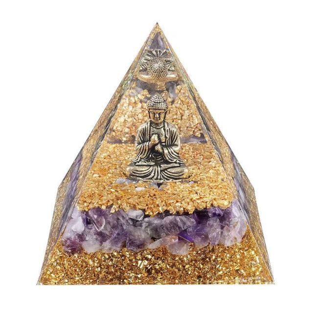 Piramide di Orgonite Buddha + Ametista 8cm