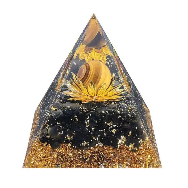 Piramide di orgonite con occhio di tigre e loto di ossidiana nera, 8 cm