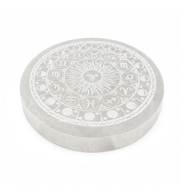 Piastra Circolare in Selenite Ruota dello Zodiaco 12cm 350g