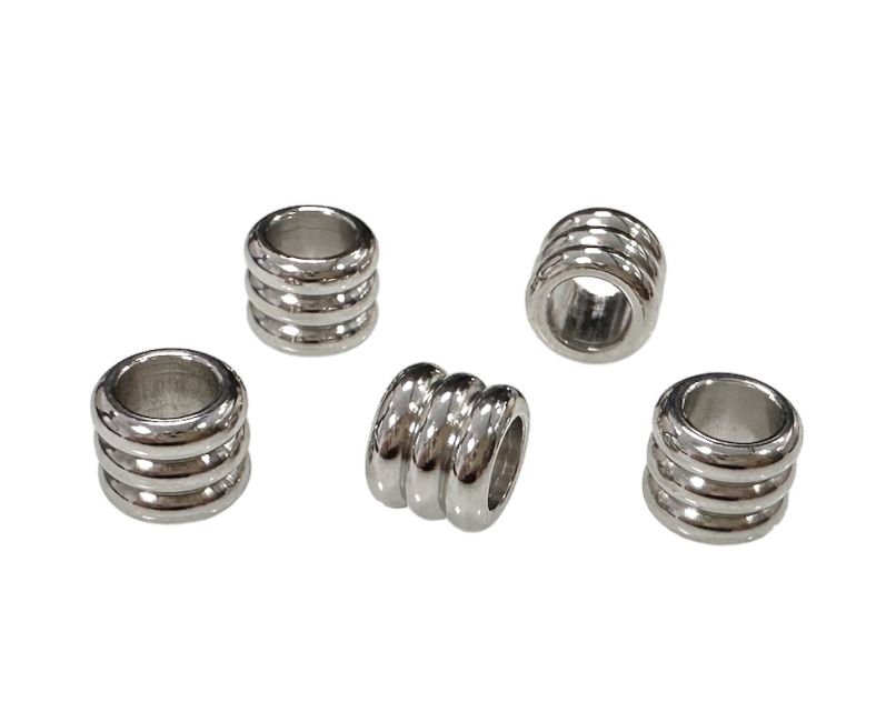 Perline con ciondolo distanziatore cilindrico ondulato in acciaio inossidabile color argento 8 mm x50