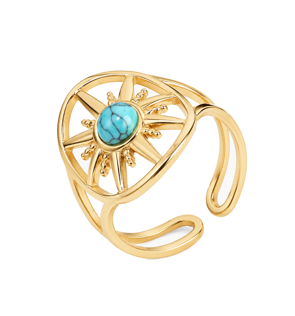 Anello Regolabile in Acciaio Inossidabile Dorato con Turchenite A Motivo Sole